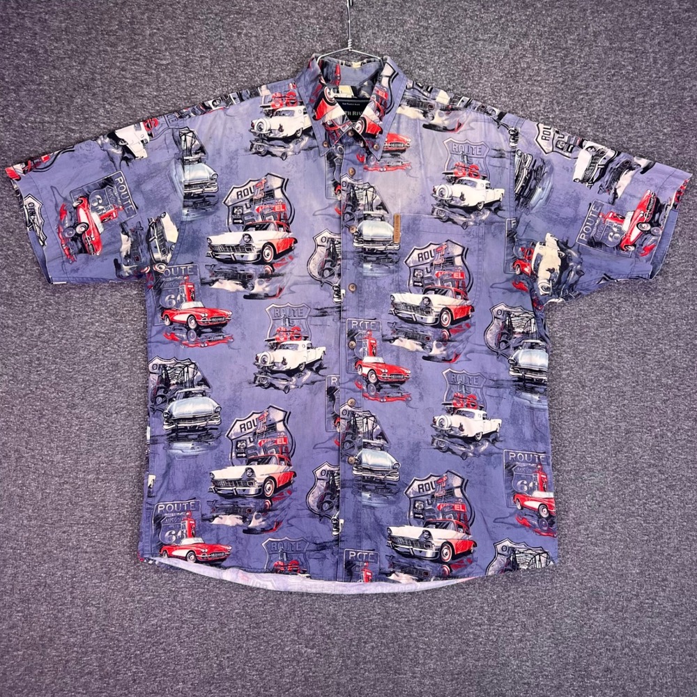 North River Shirt Mens L Blue Route 66 Button Down Classic Car Casual Graphic